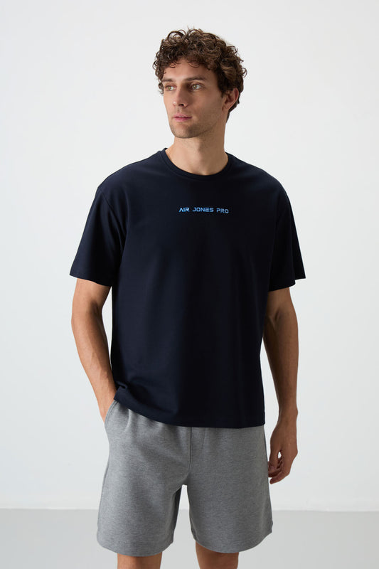 Navy Blue Textured Thick Surface Cotton Oversize Fit Printed Men's T-Shirt - 88364