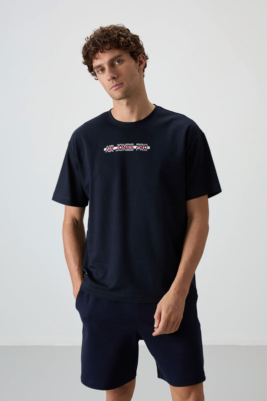 Navy Blue Cotton Thick Textured Surface Oversize Fit Printed Men's T-Shirt - 88365