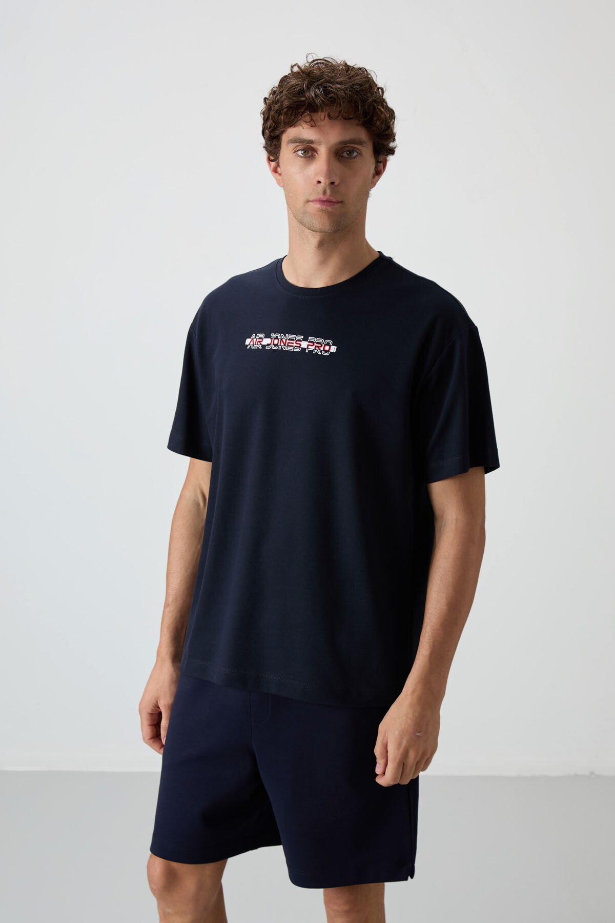 Navy Blue Cotton Thick Textured Surface Oversize Fit Printed Men's T-Shirt - 88365