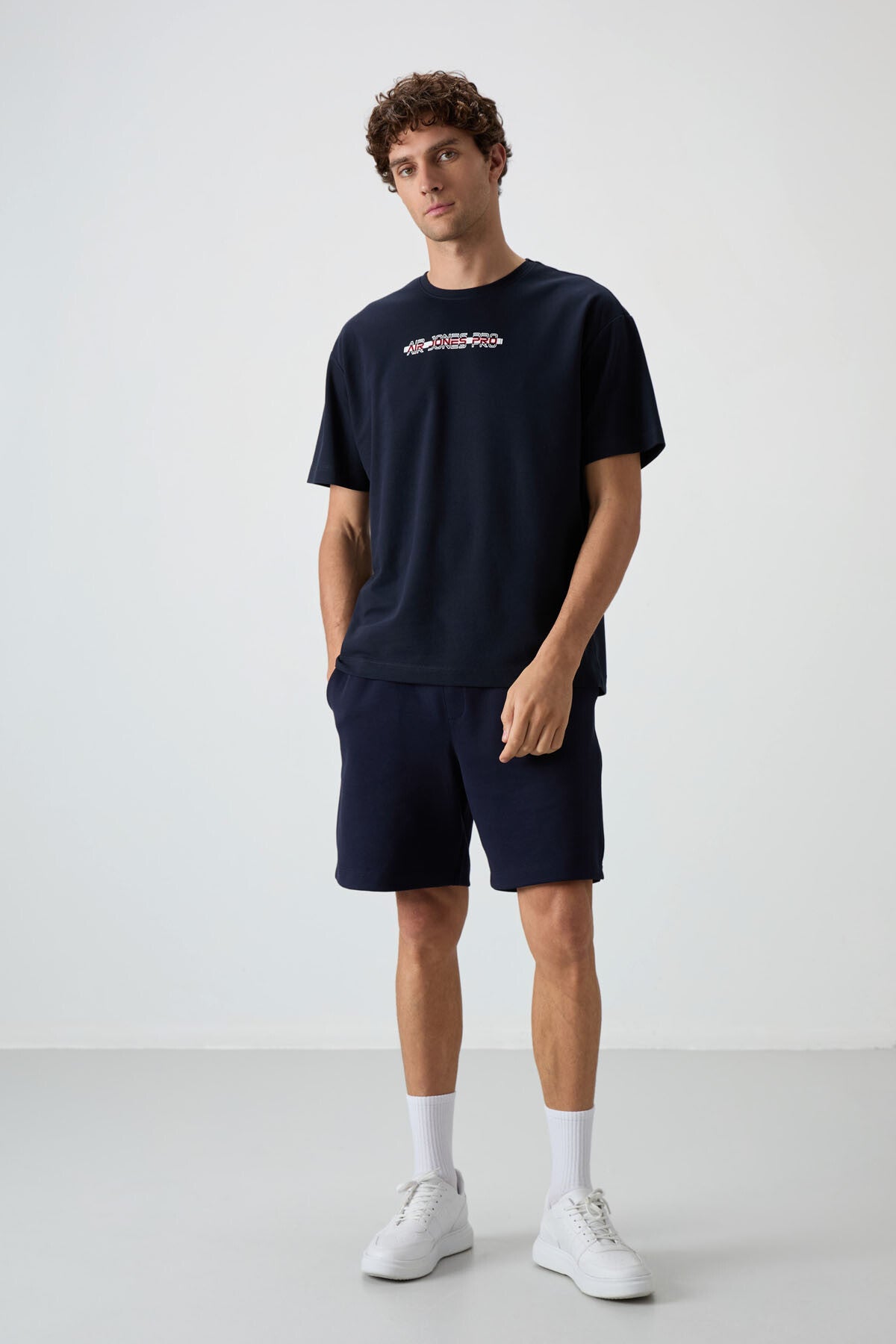 Navy Blue Cotton Thick Textured Surface Oversize Fit Printed Men's T-Shirt - 88365