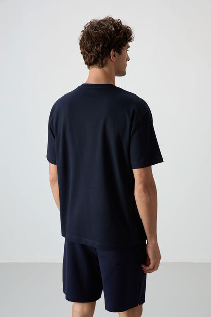 Navy Blue Cotton Thick Textured Surface Oversize Fit Printed Men's T-Shirt - 88365