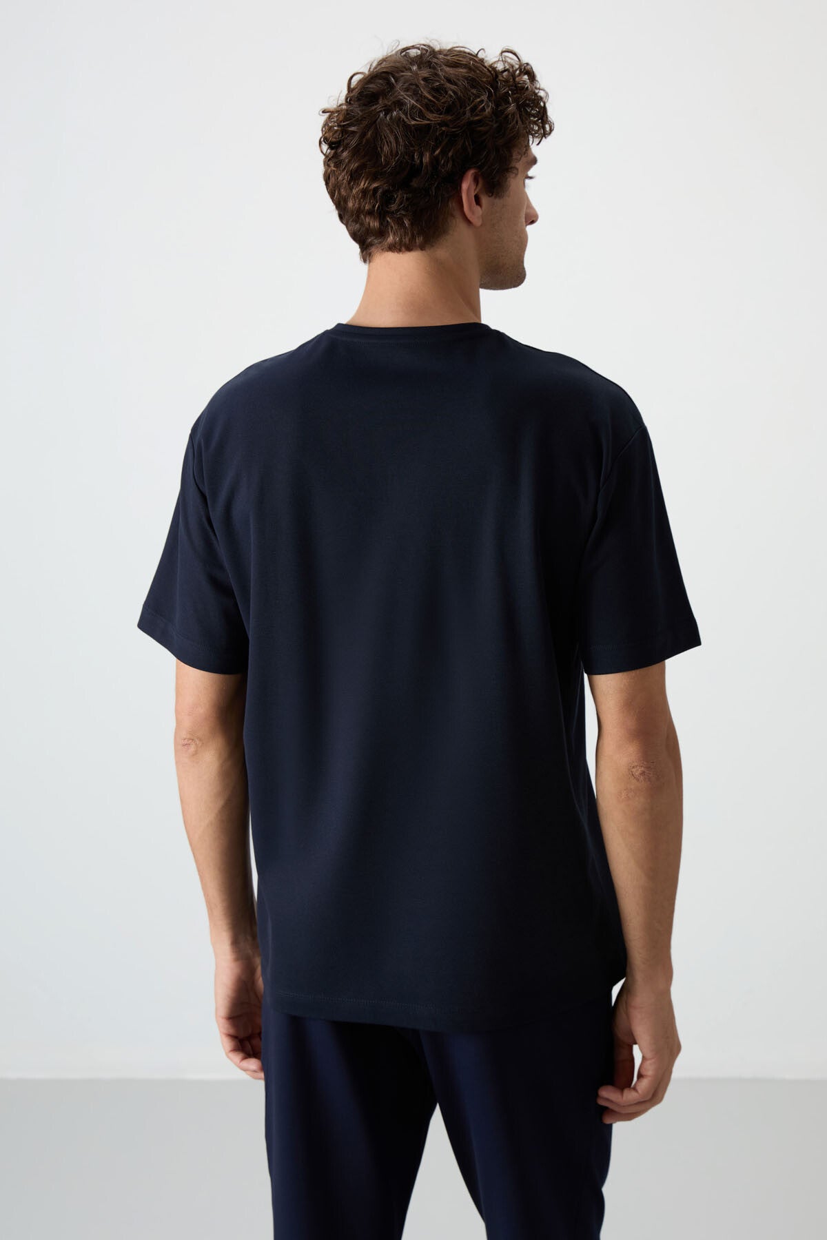 Navy Blue Textured Thick Surface Cotton Oversize Fit Printed Men's T-Shirt - 88366