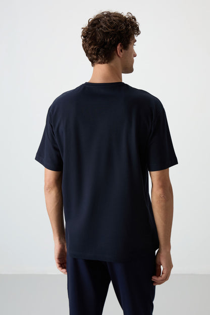 Navy Blue Textured Thick Surface Cotton Oversize Fit Printed Men's T-Shirt - 88366