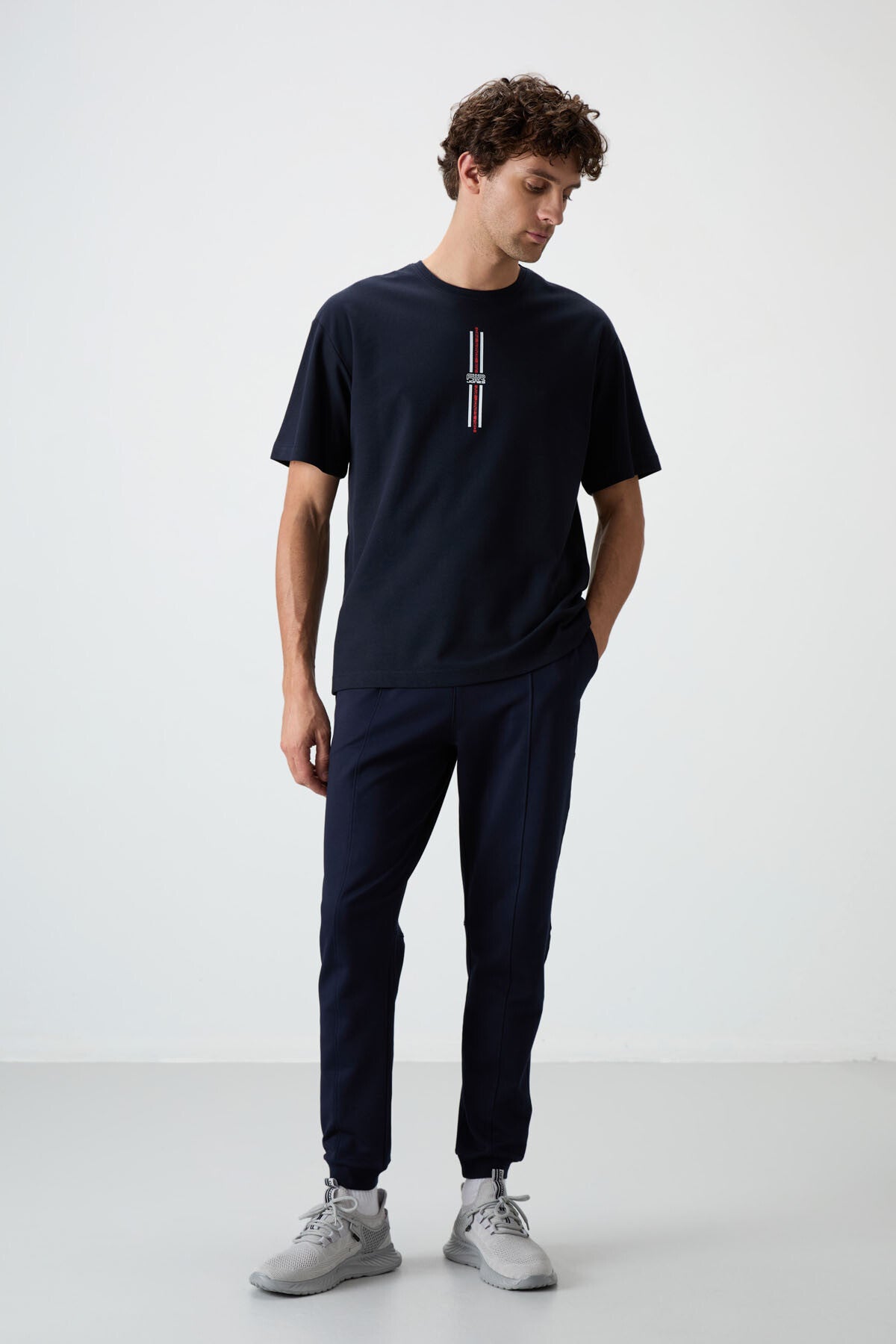 Navy Blue Textured Thick Surface Cotton Oversize Fit Printed Men's T-Shirt - 88366