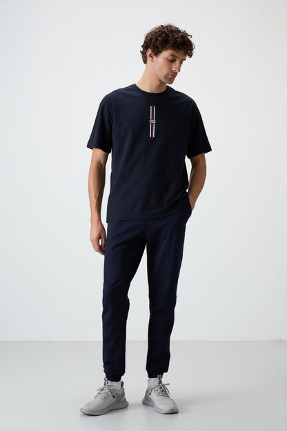 Navy Blue Textured Thick Surface Cotton Oversize Fit Printed Men's T-Shirt - 88366