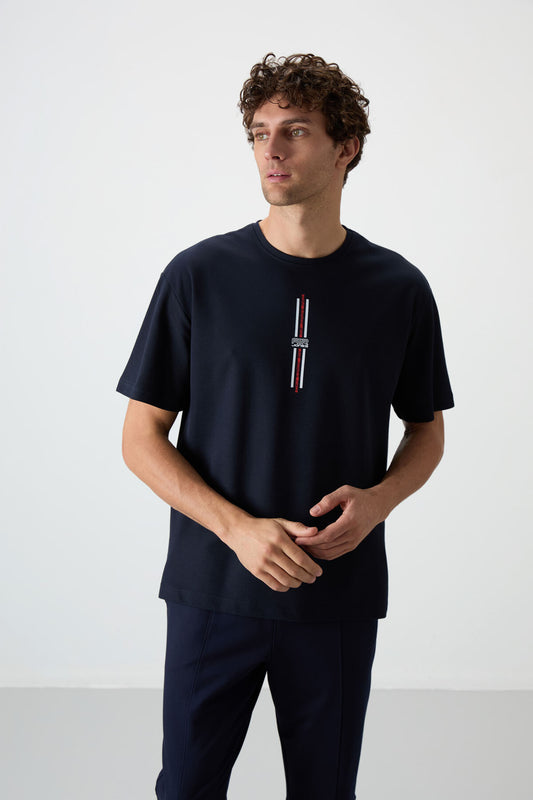 Navy Blue Textured Thick Surface Cotton Oversize Fit Printed Men's T-Shirt - 88366