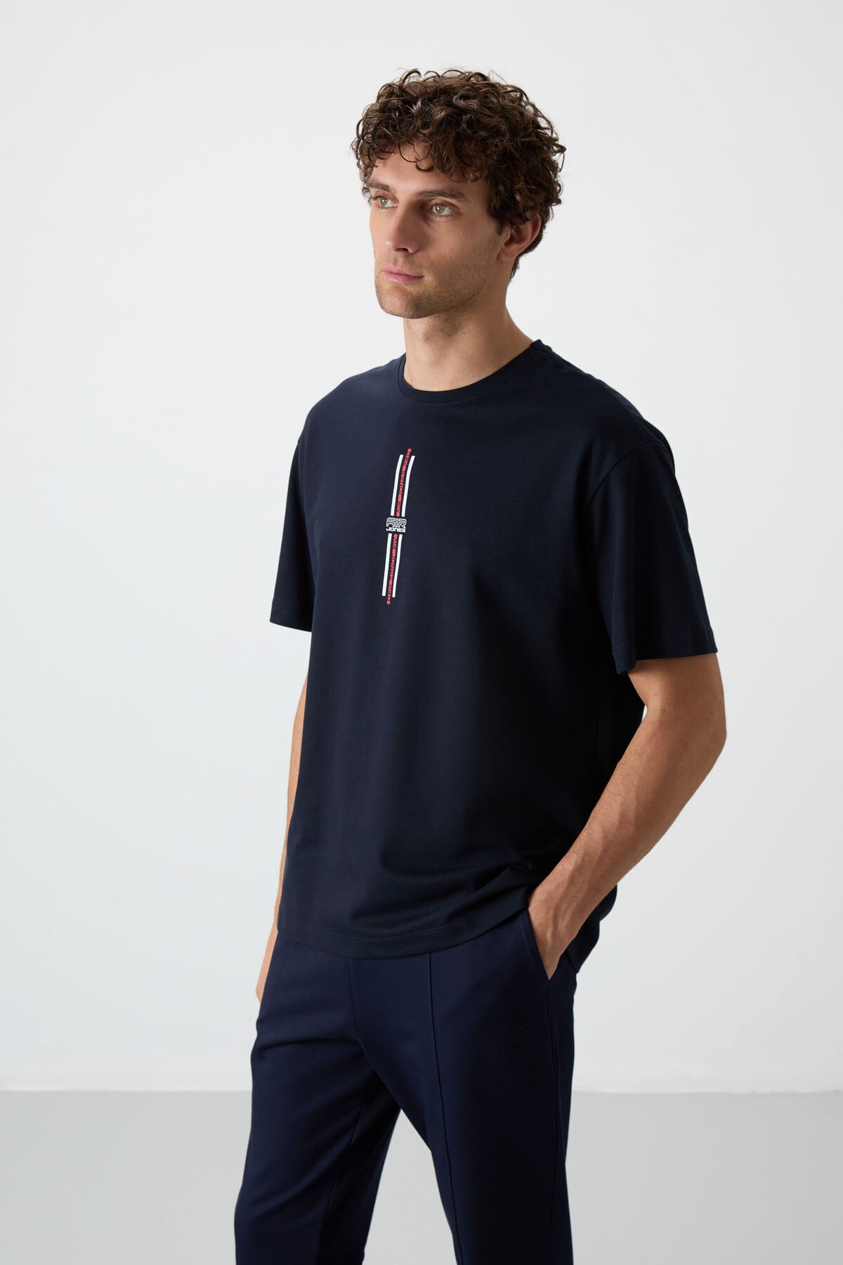 Navy Blue Textured Thick Surface Cotton Oversize Fit Printed Men's T-Shirt - 88366