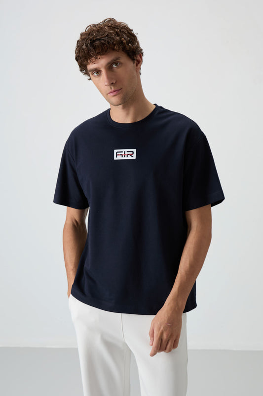 Navy Blue Textured Thick Surface Cotton Oversize Fit Printed Men's T-Shirt - 88367