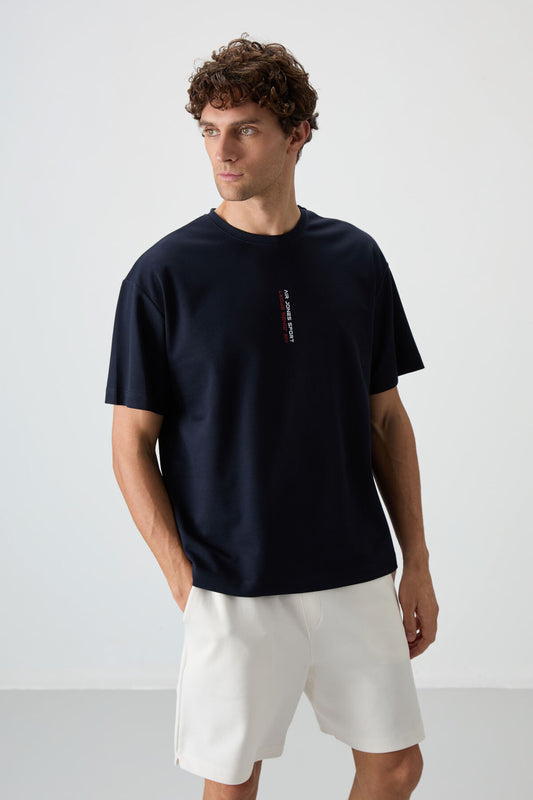 Navy Blue Textured Thick Surface Cotton Oversize Fit Printed Men's T-Shirt - 88368