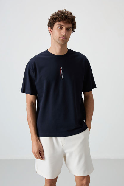 Navy Blue Textured Thick Surface Cotton Oversize Fit Printed Men's T-Shirt - 88368