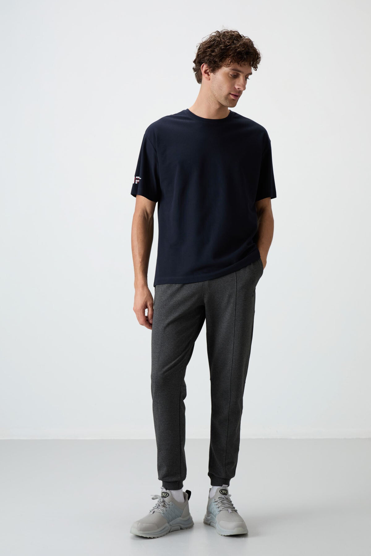 Navy Blue Textured Thick Surface Cotton Oversize Fit Printed Men's T-Shirt - 88369