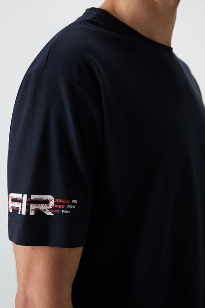 Navy Blue Textured Thick Surface Cotton Oversize Fit Printed Men's T-Shirt - 88369