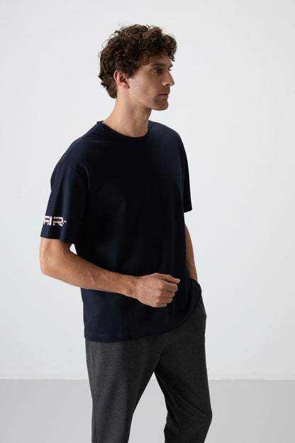 Navy Blue Textured Thick Surface Cotton Oversize Fit Printed Men's T-Shirt - 88369