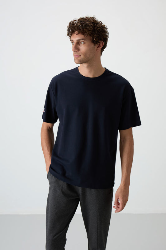 Navy Blue Textured Thick Surface Cotton Oversize Fit Printed Men's T-Shirt - 88369