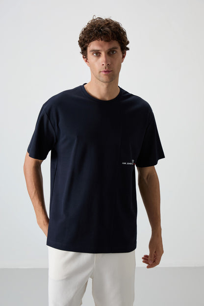 Navy Blue Textured Thick Surface Cotton Oversize Fit Printed Men's T-Shirt - 88370
