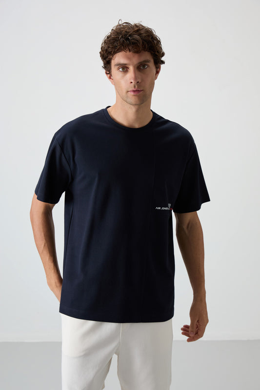 Navy Blue Textured Thick Surface Cotton Oversize Fit Printed Men's T-Shirt - 88370