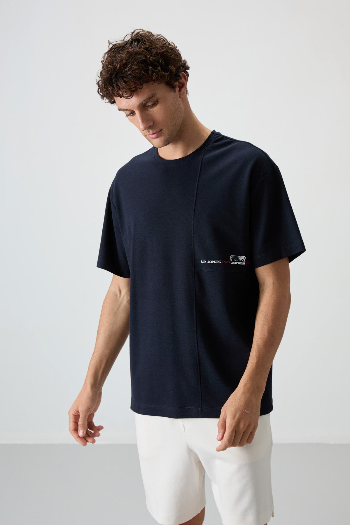 Navy Blue Textured Thick Surface Cotton Oversize Fit Printed Men's T-Shirt - 88370
