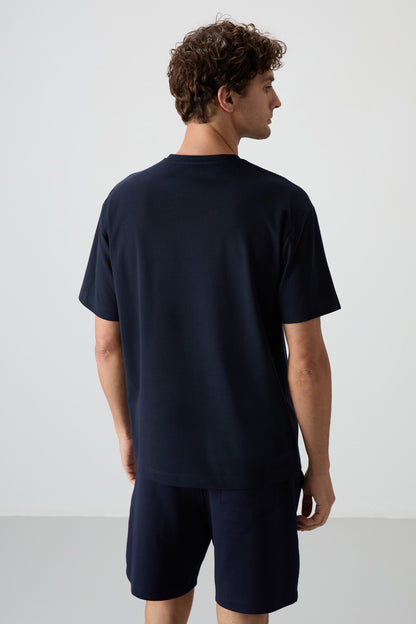 Navy Blue Textured Thick Surface Cotton Oversize Fit Printed Men's T-Shirt - 88371