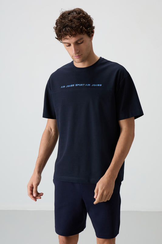 Navy Blue Textured Thick Surface Cotton Oversize Fit Printed Men's T-Shirt - 88371