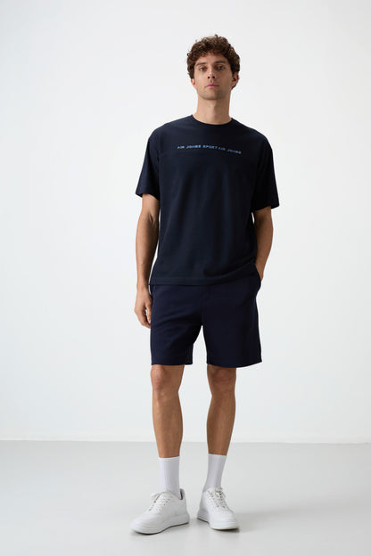 Navy Blue Textured Thick Surface Cotton Oversize Fit Printed Men's T-Shirt - 88371