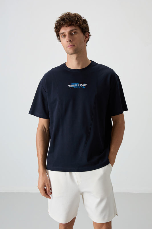 Navy Blue Textured Thick Surface Cotton Oversize Fit Printed Men's T-Shirt - 88372