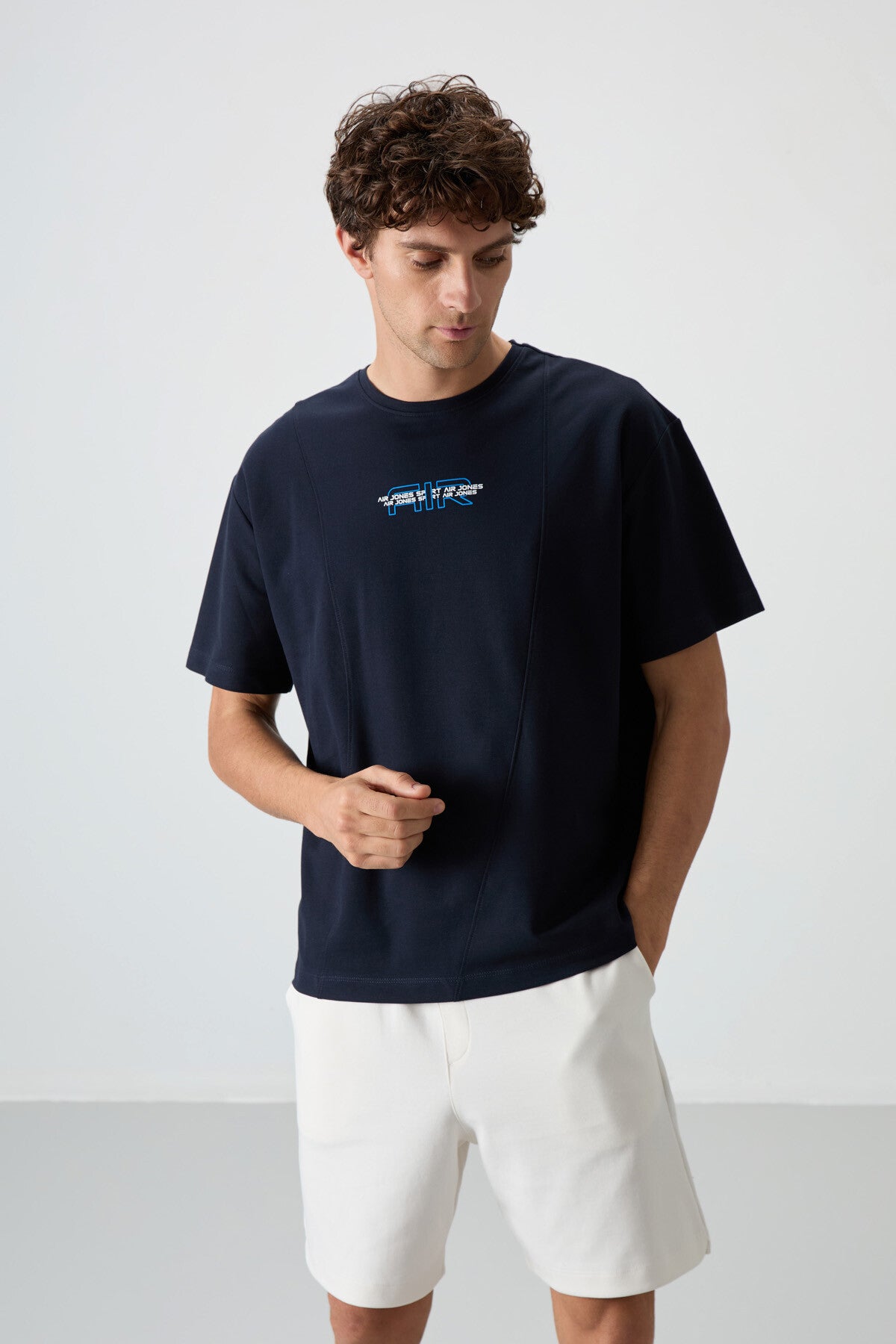 Navy Blue Textured Thick Surface Cotton Oversize Fit Printed Men's T-Shirt - 88372