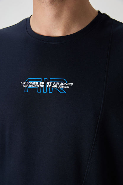 Navy Blue Textured Thick Surface Cotton Oversize Fit Printed Men's T-Shirt - 88372