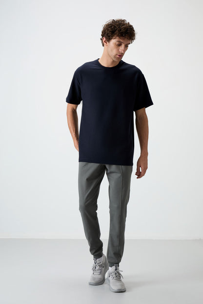 Navy Waffle Interlock Textured Surface Oversize Fit Basic Men's T-Shirt - 88379