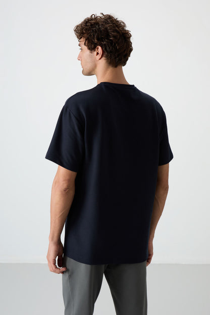 Navy Waffle Interlock Textured Surface Oversize Fit Basic Men's T-Shirt - 88379