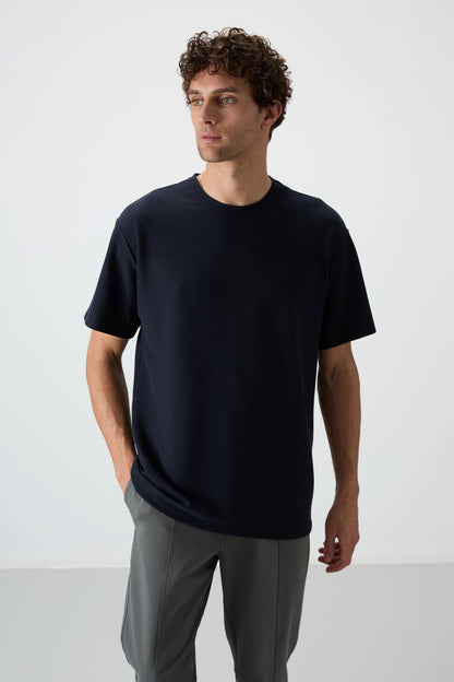 Navy Waffle Interlock Textured Surface Oversize Fit Basic Men's T-Shirt - 88379