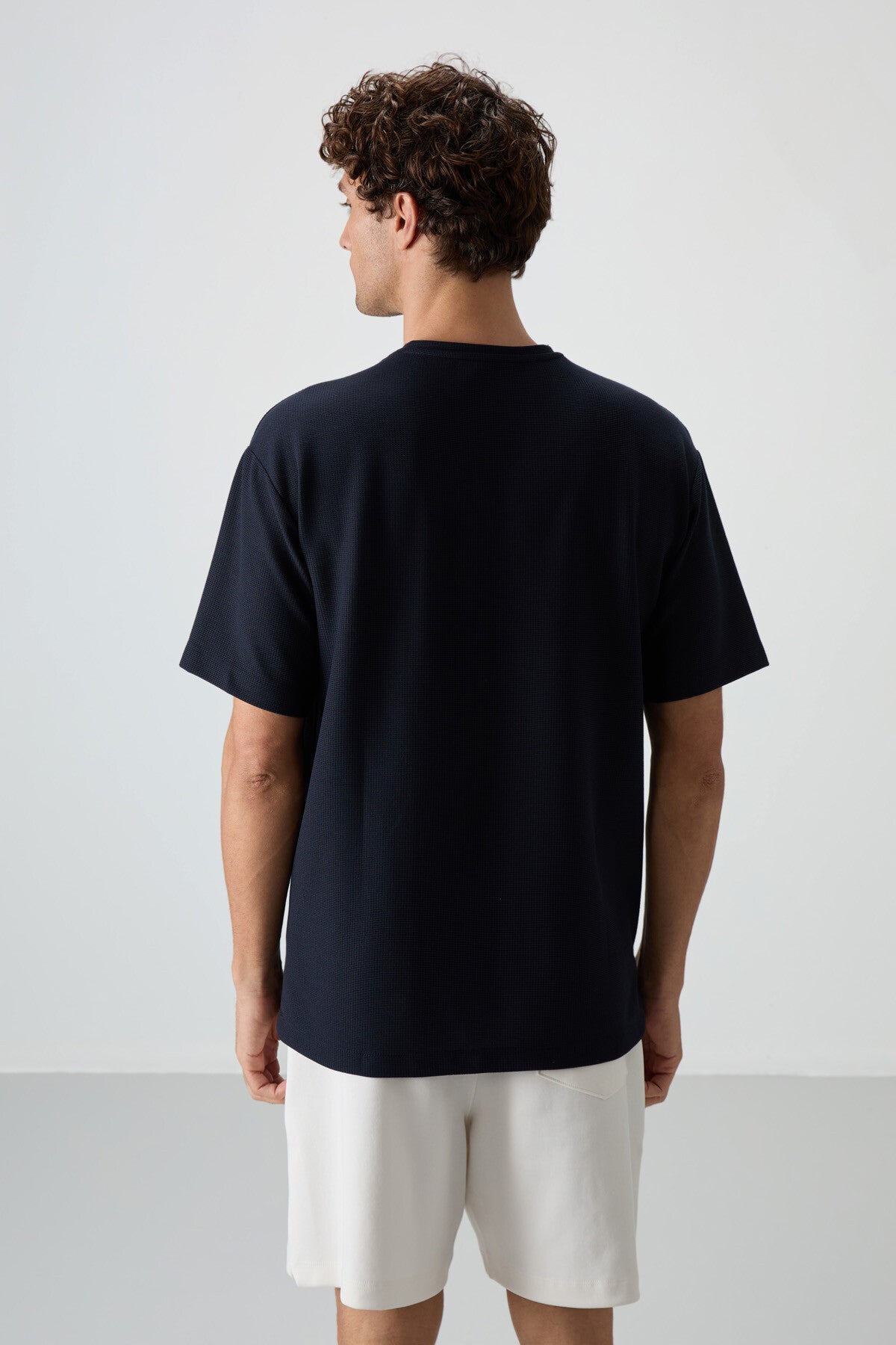 Navy Blue Waffle Interlock Textured Surface Oversize Fit Basic Men's T-Shirt - 88380