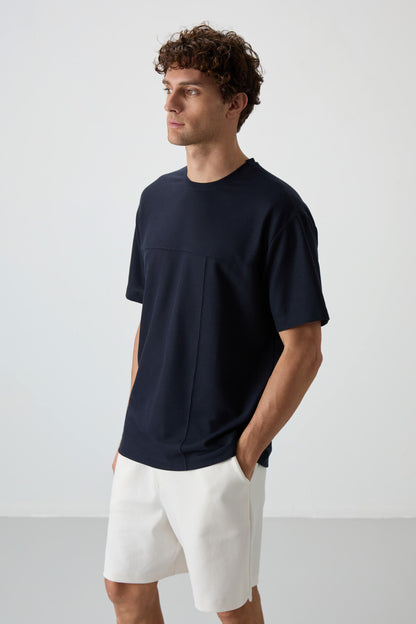 Navy Blue Waffle Interlock Textured Surface Oversize Fit Basic Men's T-Shirt - 88380
