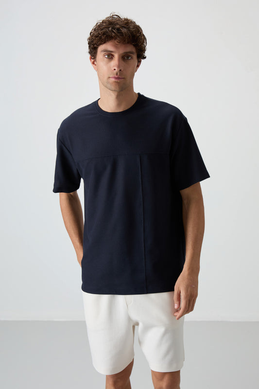 Navy Blue Waffle Interlock Textured Surface Oversize Fit Basic Men's T-Shirt - 88380