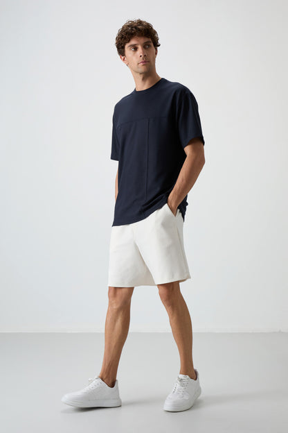 Navy Blue Waffle Interlock Textured Surface Oversize Fit Basic Men's T-Shirt - 88380