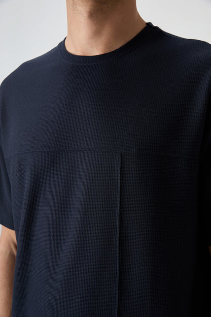 Navy Blue Waffle Interlock Textured Surface Oversize Fit Basic Men's T-Shirt - 88380