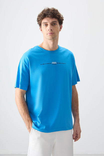 Petrol Blue 100% Cotton Thick Soft Textured Oversize Fit Printed Men's T-Shirt - 88357