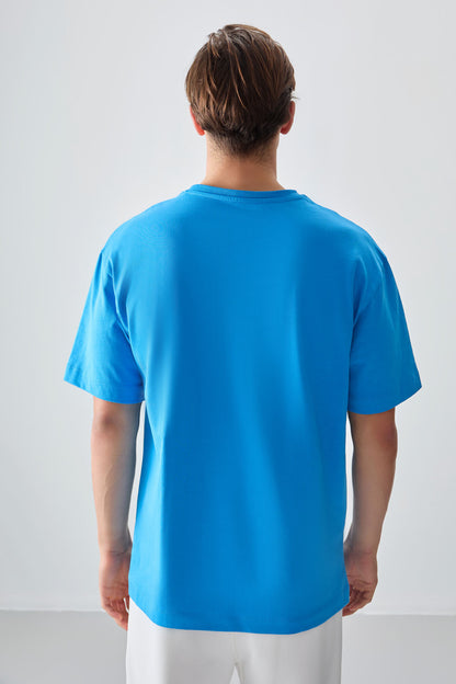 Petrol Blue 100% Cotton Thick Soft Textured Oversize Fit Printed Men's T-Shirt - 88361