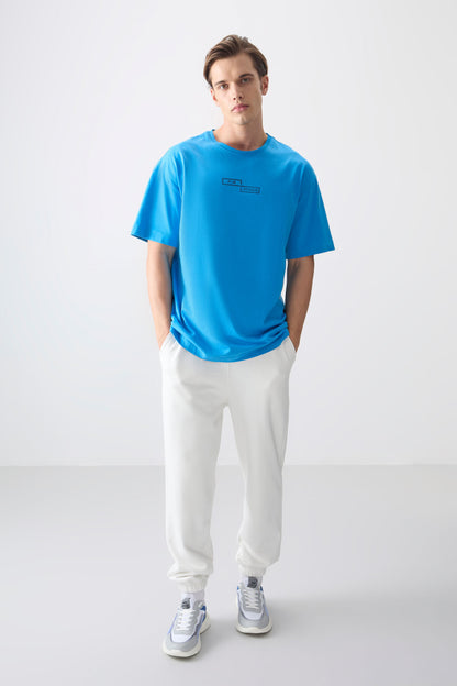 Petrol Blue 100% Cotton Thick Soft Textured Oversize Fit Printed Men's T-Shirt - 88361