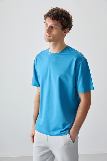 Petrol Blue Cotton Thick Soft Textured Oversize Fit Basic Men's T-Shirt - 88377