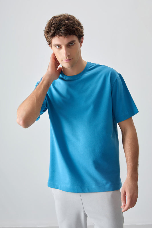 Petrol Blue Cotton Thick Soft Textured Oversize Fit Basic Men's T-Shirt - 88377
