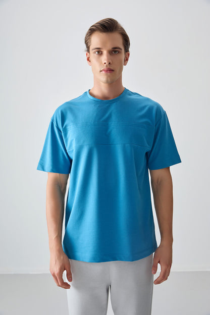 Petrol Blue Cotton Thick Soft Textured Oversize Fit Basic Men's T-Shirt - 88378