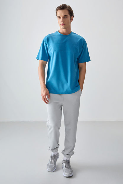 Petrol Blue Cotton Thick Soft Textured Oversize Fit Basic Men's T-Shirt - 88378