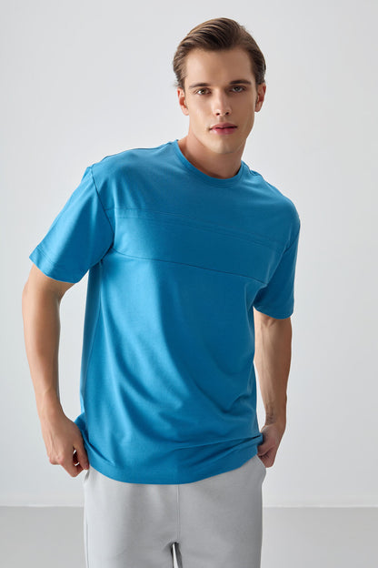 Petrol Blue Cotton Thick Soft Textured Oversize Fit Basic Men's T-Shirt - 88378