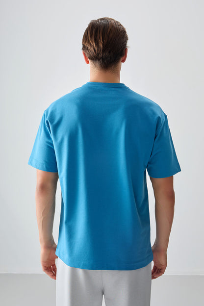 Petrol Blue Cotton Thick Soft Textured Oversize Fit Basic Men's T-Shirt - 88378