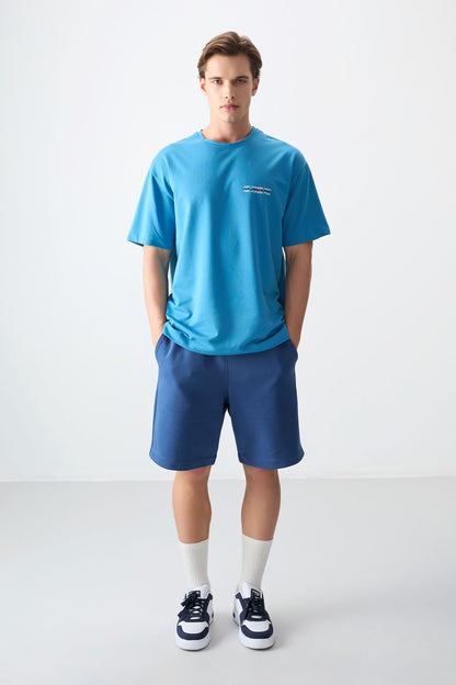 Petrol Blue Cotton Thick Soft Textured Oversize Fit Printed Men's T-Shirt - 88375