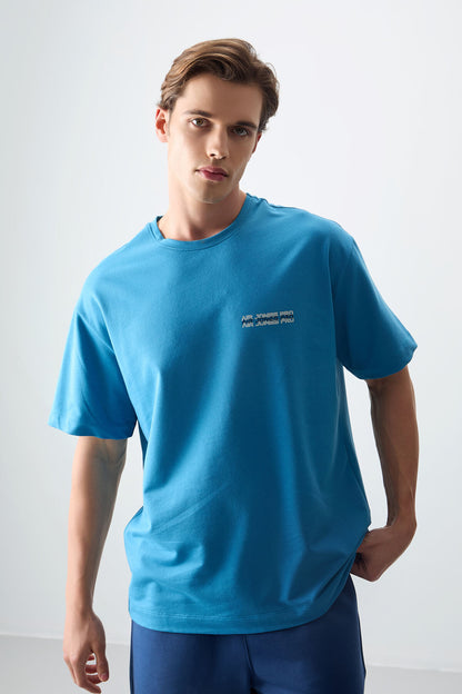 Petrol Blue Cotton Thick Soft Textured Oversize Fit Printed Men's T-Shirt - 88375