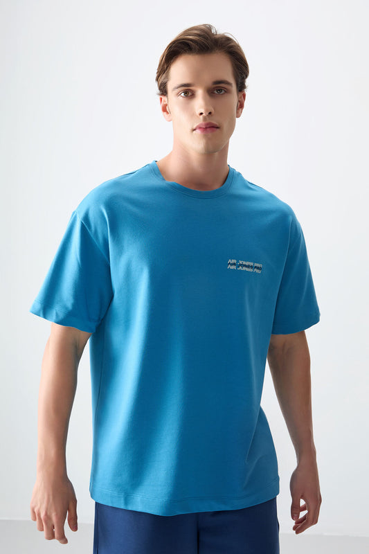 Petrol Blue Cotton Thick Soft Textured Oversize Fit Printed Men's T-Shirt - 88375
