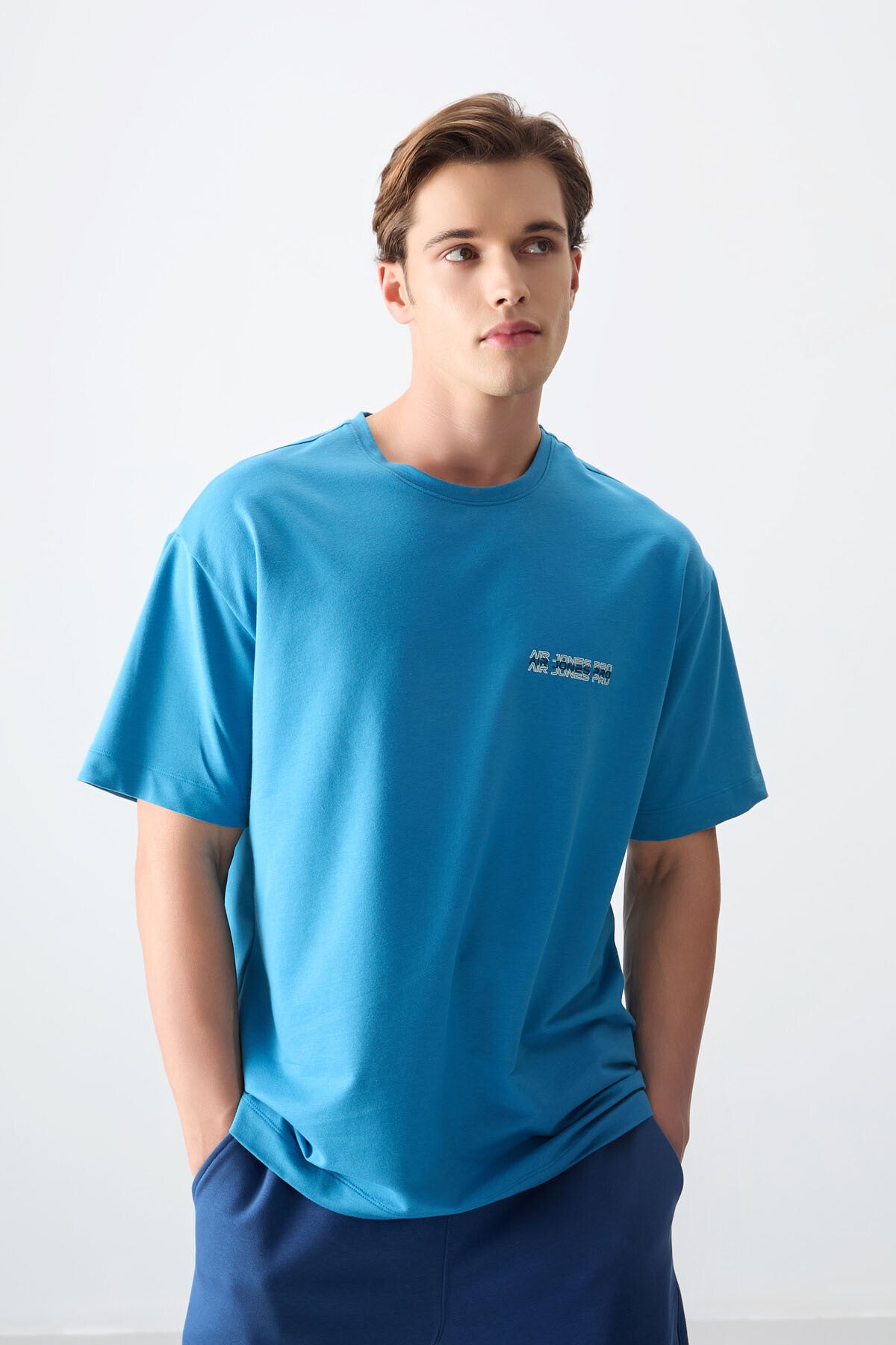 Petrol Blue Cotton Thick Soft Textured Oversize Fit Printed Men's T-Shirt - 88375