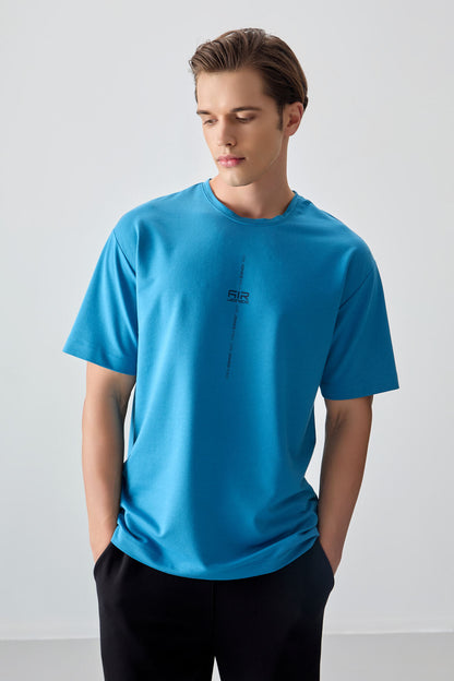 Petrol Blue Cotton Thick Soft Textured Oversize Fit Printed Men's T-Shirt - 88373