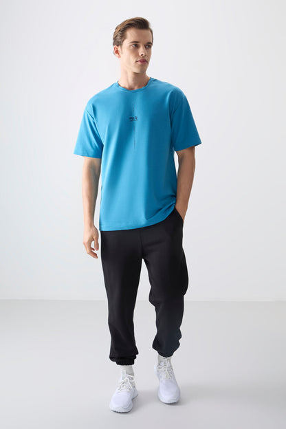 Petrol Blue Cotton Thick Soft Textured Oversize Fit Printed Men's T-Shirt - 88373